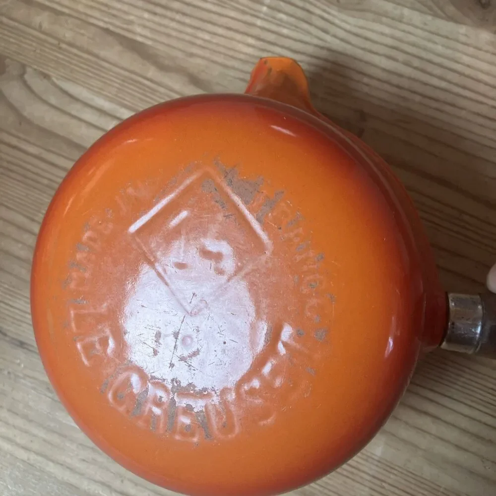 Vintage Le Creuset #14 Flame Orange Enameled Cast Iron Wood Handle Saucepan